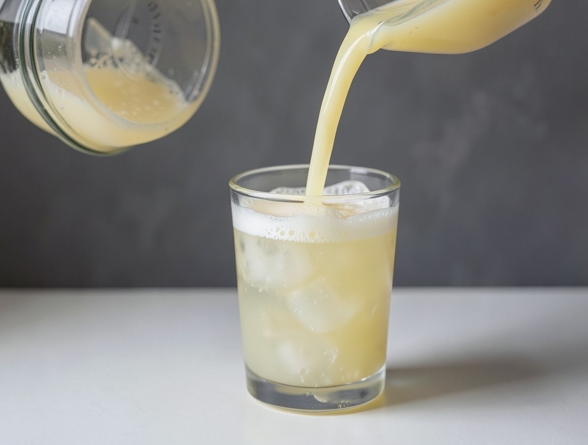 Pouring the shaken gin and lemon base into a glass of crushed ice for a Bramble
