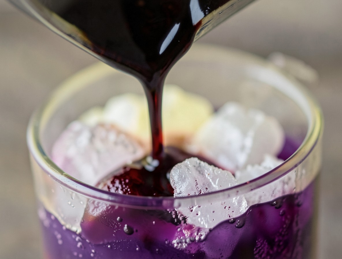 Macro shot of blackberry liqueur layering over crushed ice in a Bramble cocktail