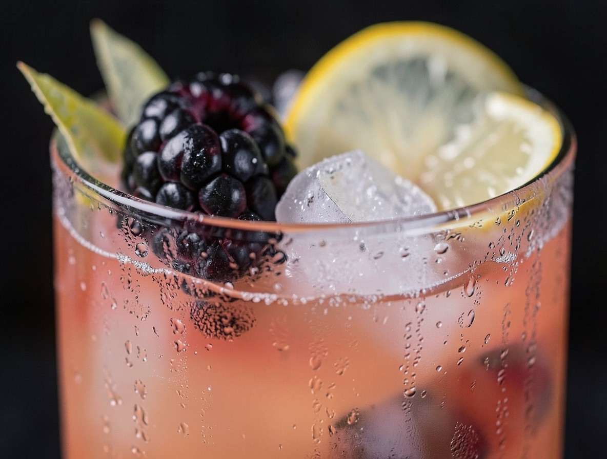 Finished Bramble cocktail garnished with a fresh blackberry and lemon wheel