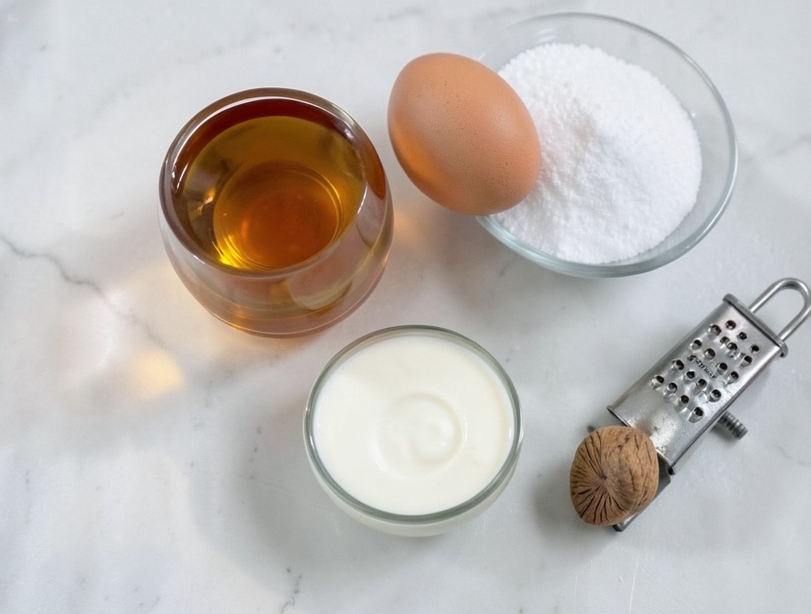 Ingredients for a Brandy Flip: brandy, egg, sugar, cream, and nutmeg.