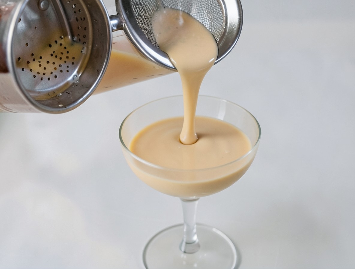 Straining the creamy Brandy Flip mixture from a shaker into a coupe glass.