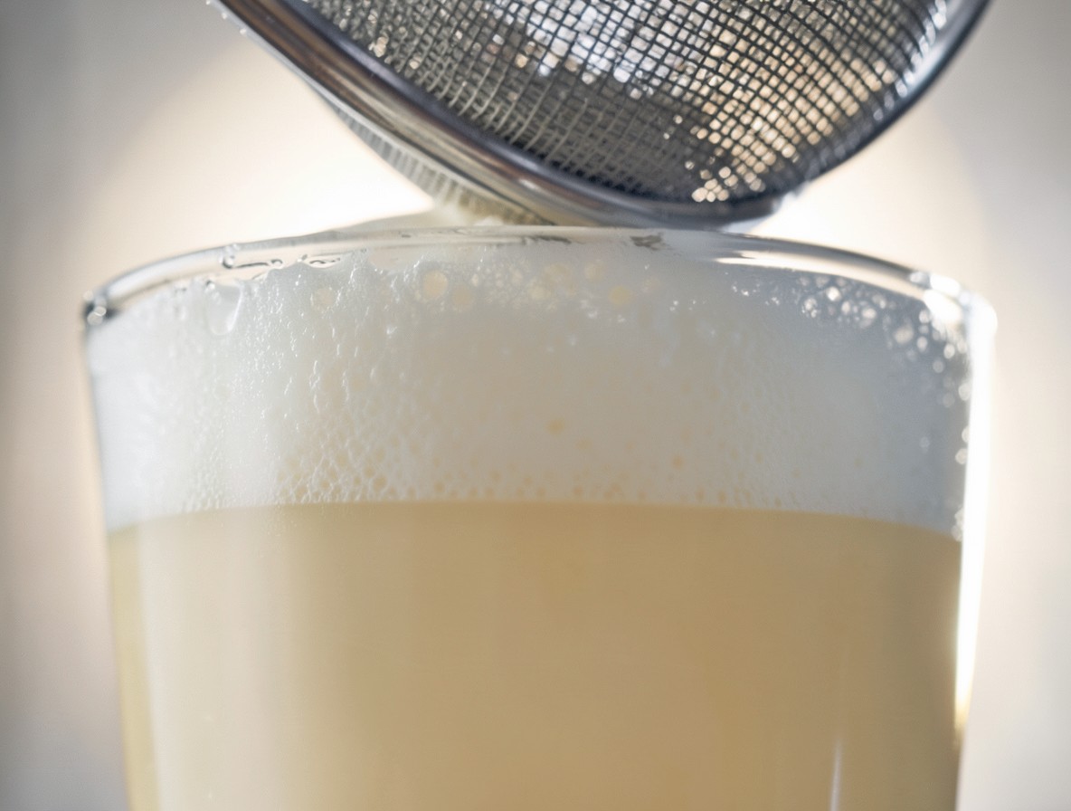 Close-up of the Brandy Flip's velvety foam head in the coupe glass.