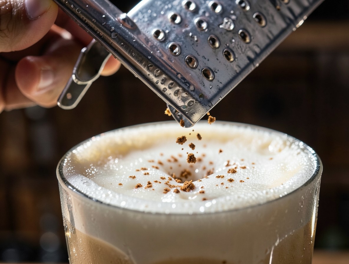 Freshly grating nutmeg over the top of a Brandy Flip cocktail.