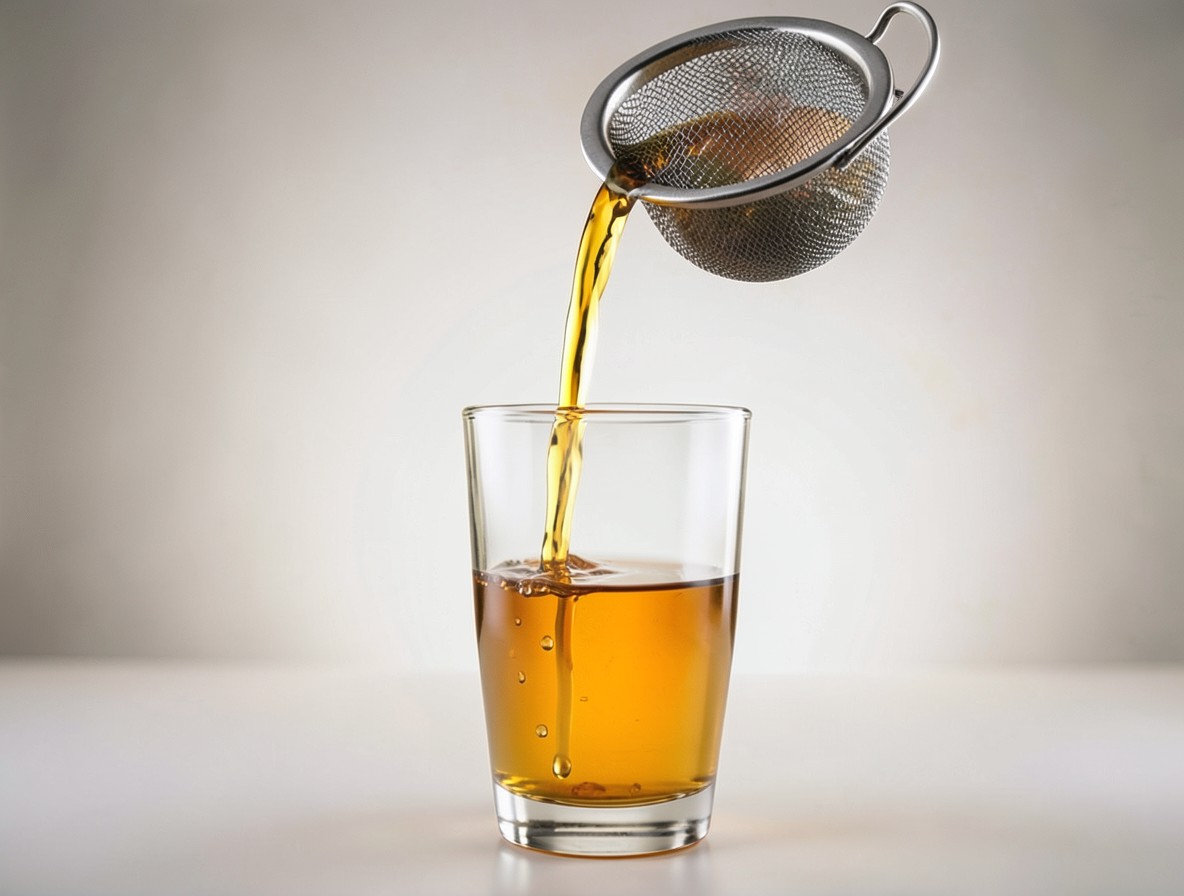 Straining the brandy sour into a highball glass