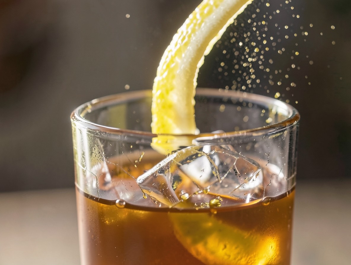 Expressing a lemon twist over the brandy sour