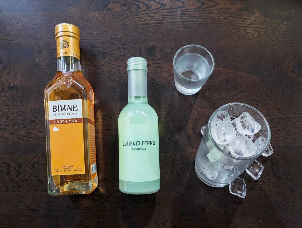 Flat lay of caramel apple shot ingredients with vodka, schnapps, and apple juice