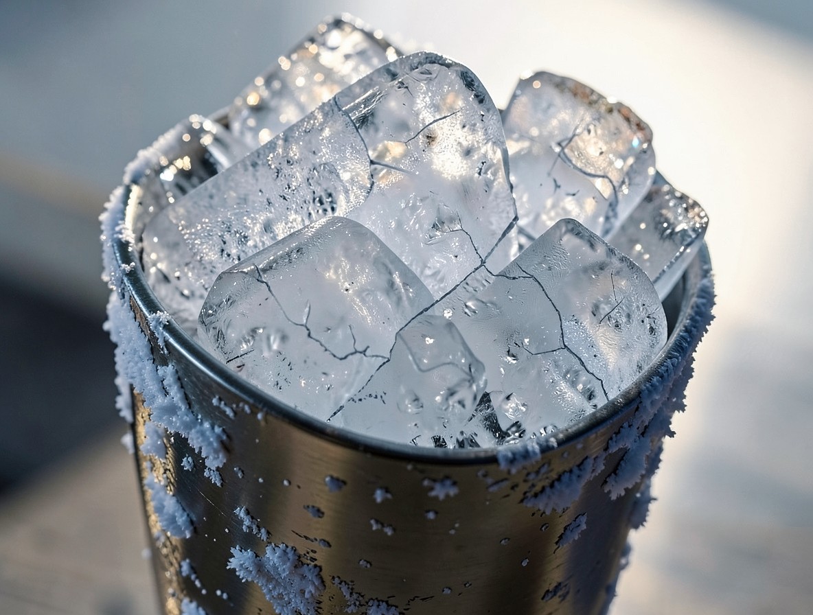 Cracked ice filling a metal cocktail shaker, frost on the outside