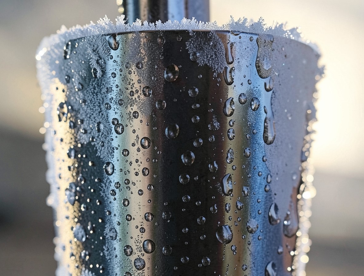 Frosted cocktail shaker after shaking with condensation beading on metal