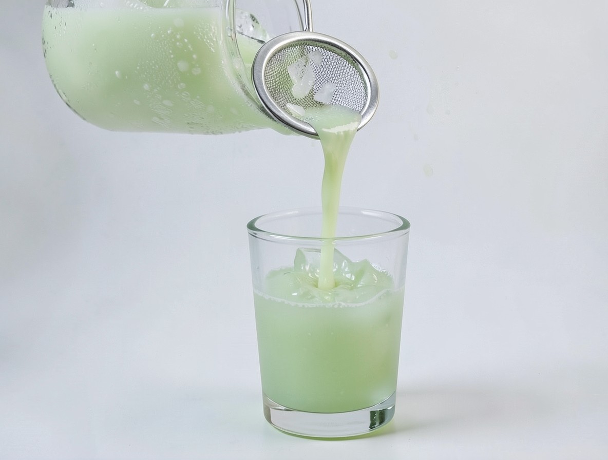 Pale green caramel apple shot liquid strained into a clear shot glass