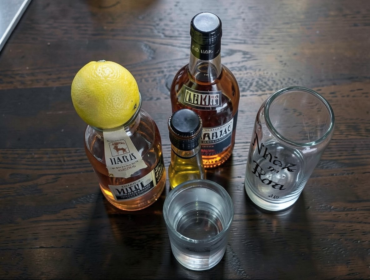 Flat lay of Casino cocktail ingredients: gin, lemon, maraschino, orange bitters, jigger