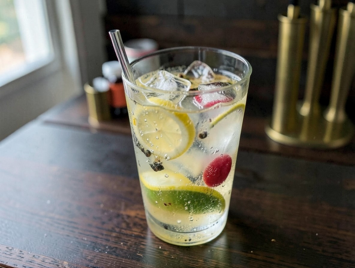 Open cocktail shaker with gin, lemon, maraschino and ice, pale yellow mixture