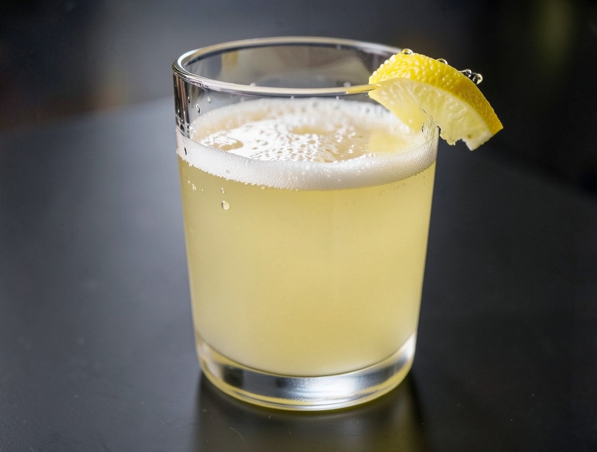 Close-up of Casino cocktail with lemon twist and citrus oil on the surface