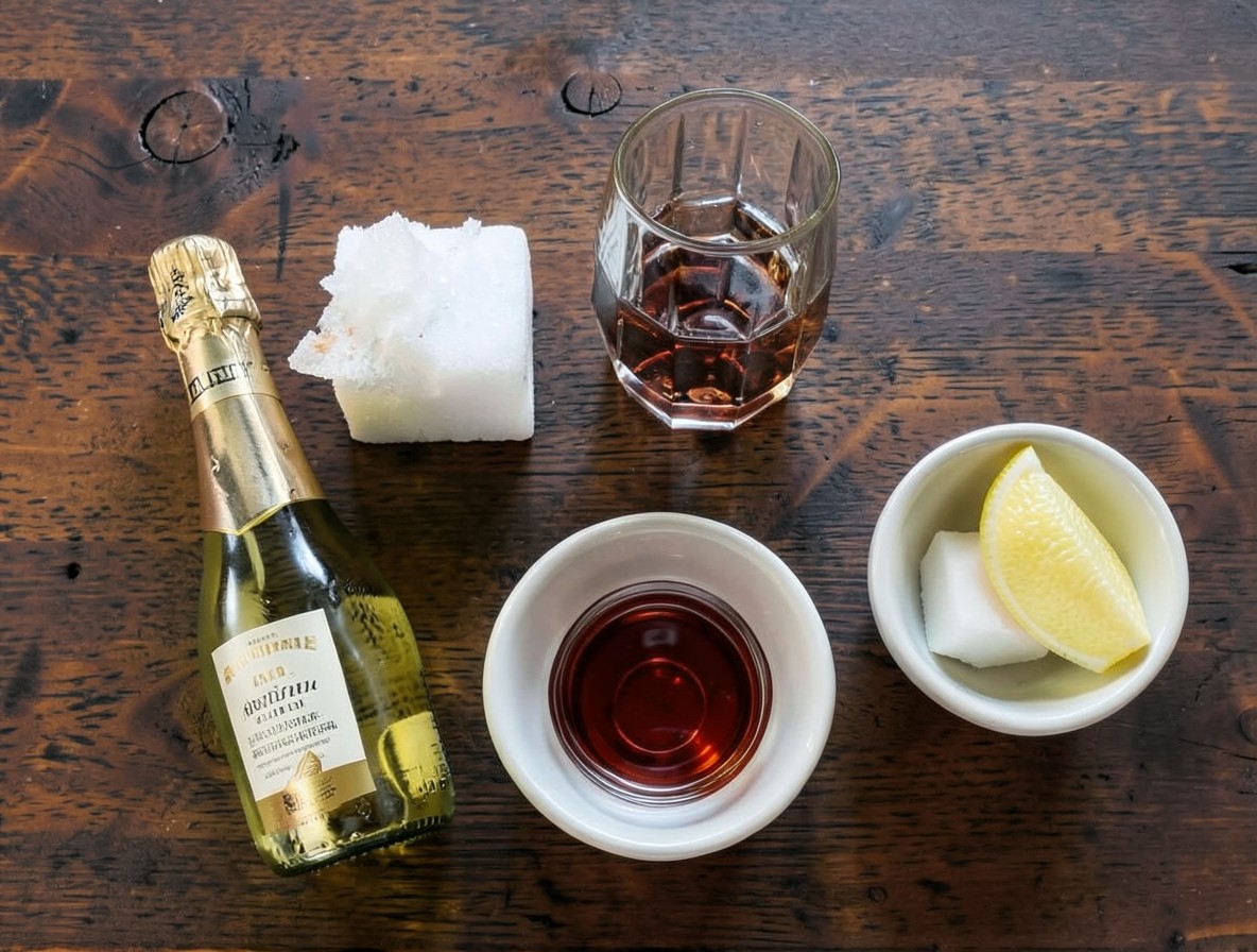 Ingredients for a champagne cocktail arranged on dark wood