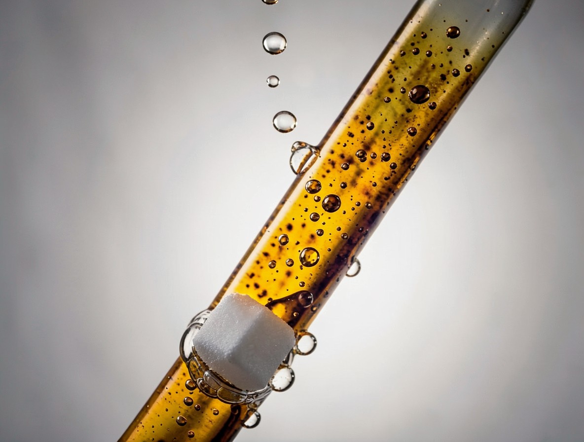 Sugar cube soaked with bitters in a champagne flute