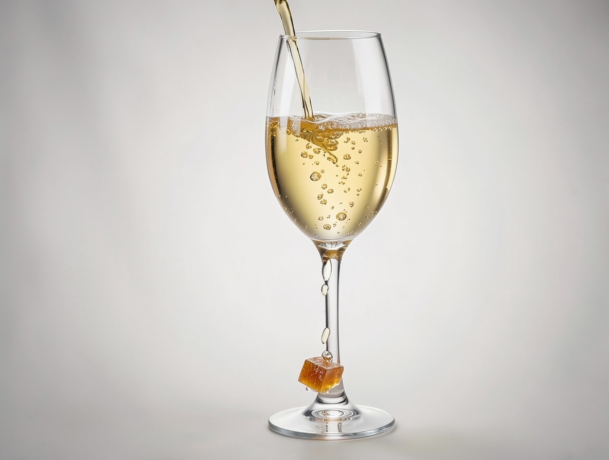Champagne being poured into a flute with sugar cube