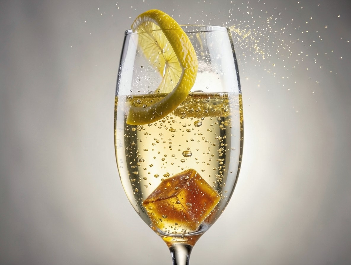 Lemon peel expressing oils over a champagne cocktail