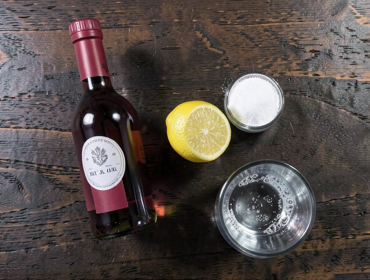 Chicago Fizz ingredients flat lay with rum, port and lemon