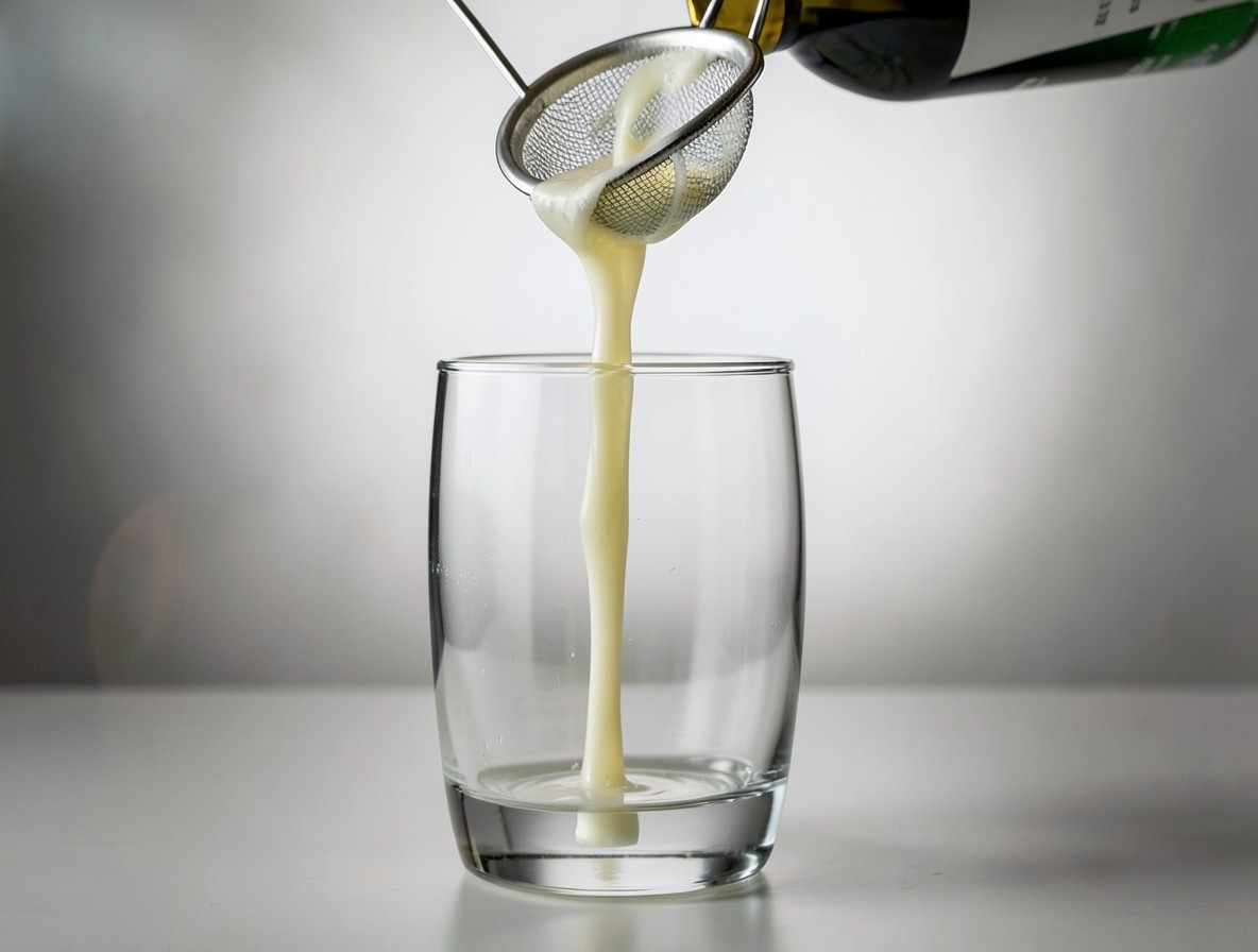 Pouring strained Chicago Fizz into a highball glass