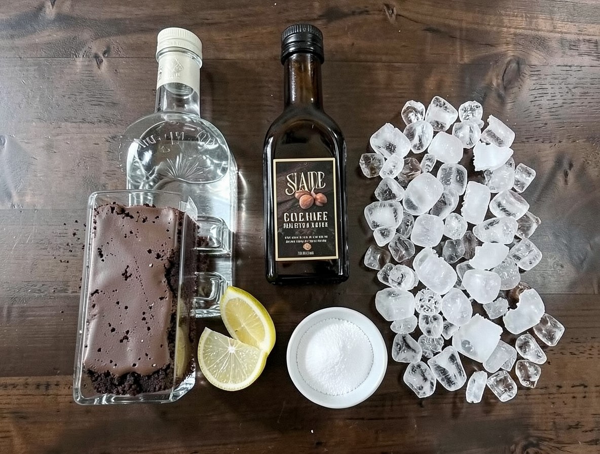 Flat lay of vodka, hazelnut liqueur, lemon wedges, sugar, and ice for a chocolate cake shot
