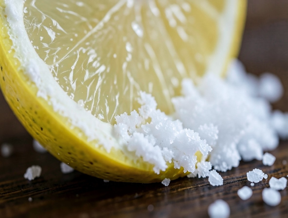 Lemon wedge flesh dipped in granulated sugar on dark wood surface