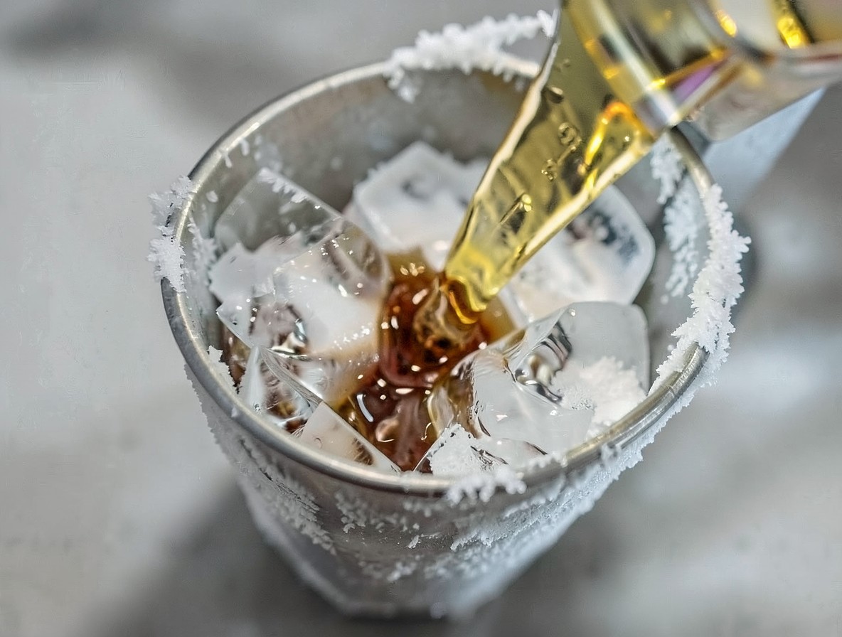 Pouring vodka and hazelnut liqueur over cracked ice in a cocktail shaker