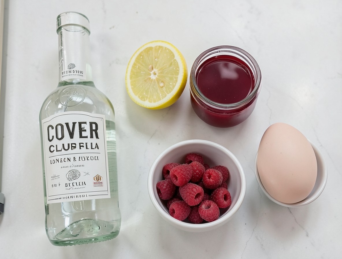 Clover Club cocktail ingredients flat lay with gin, lemon, raspberry syrup, and egg