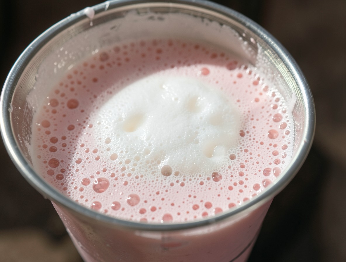 Pink egg white foam forming in a cocktail shaker during the dry shake