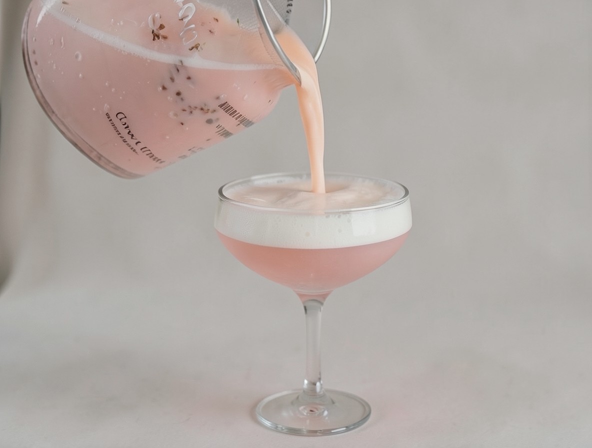 Pouring the Clover Club cocktail into a coupe glass with foam forming