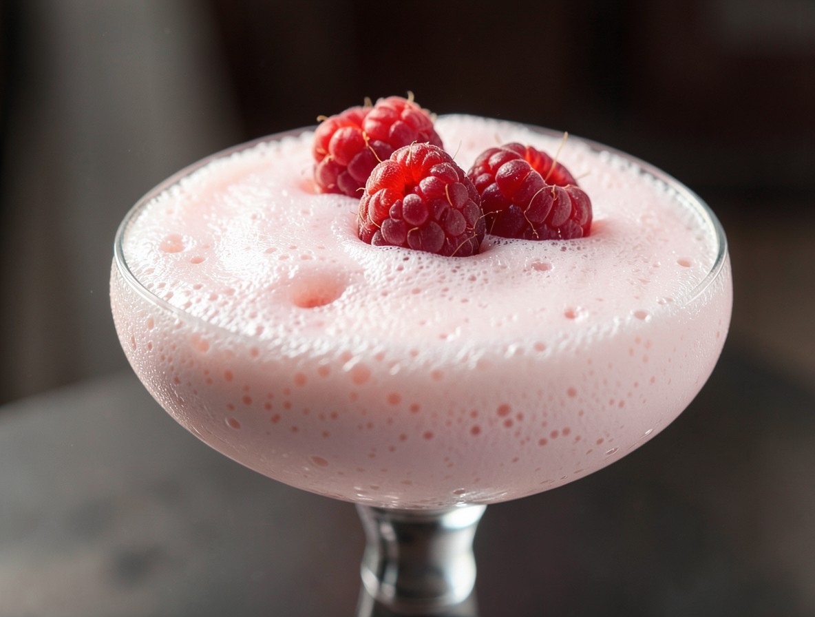 Fresh raspberries on the velvety foam cap of a Clover Club cocktail