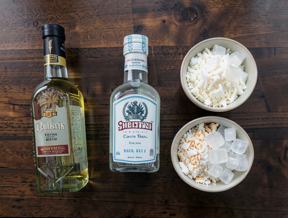 Flat lay of tequila, triple sec, coconut cream, and flaked coconut