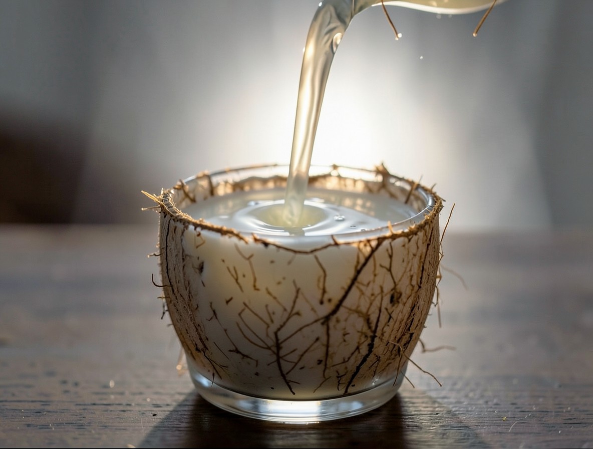 Pouring thick coconut margarita slush into a rimmed glass