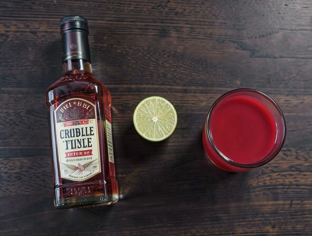 Flat lay of vodka, triple sec, lime, and cranberry juice ingredients for a Cosmopolitan