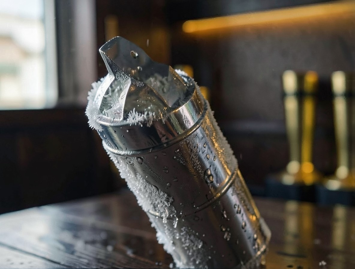 Cocktail shaker with frost forming on the outside during a hard shake