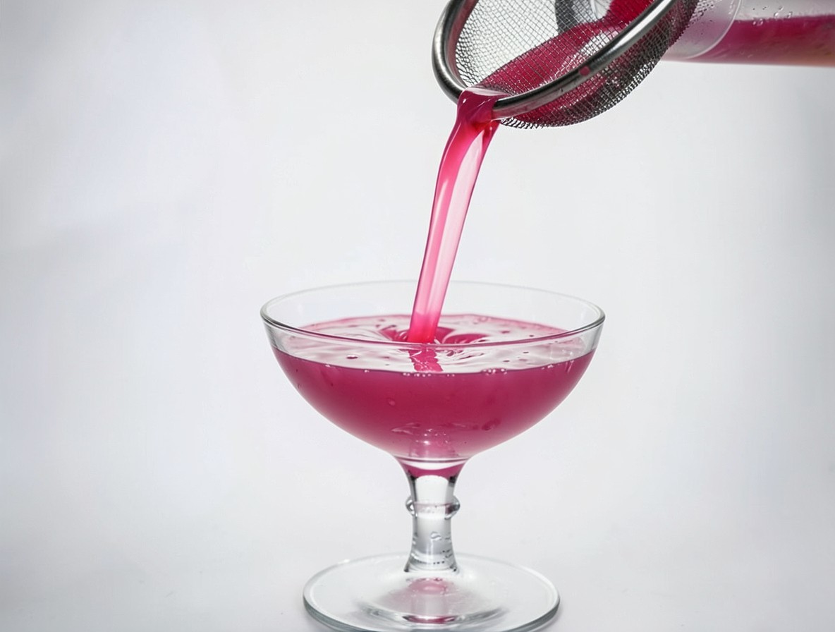 Pouring a shaken Cosmopolitan through a fine-mesh strainer into a coupe glass