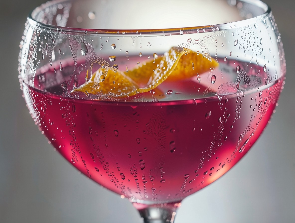 Macro shot of a Cosmopolitan with a floating orange twist and condensation on the glass