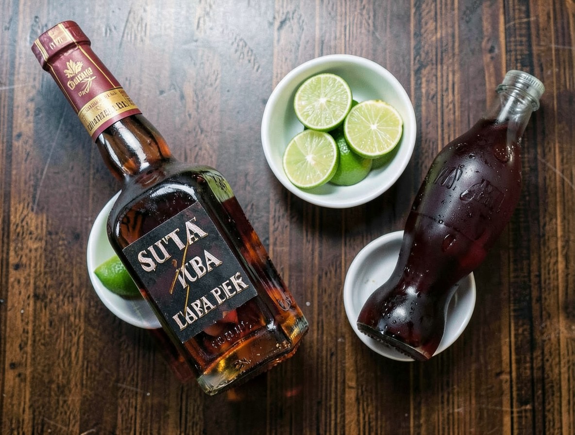 Flat lay of Cuba Libre ingredients: aged rum, fresh limes, and cola