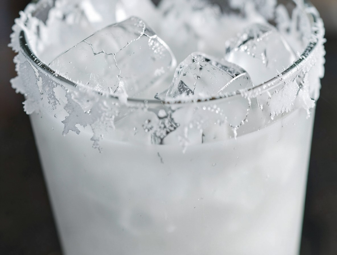 Highball glass packed with cracked ice, frost forming on the outside
