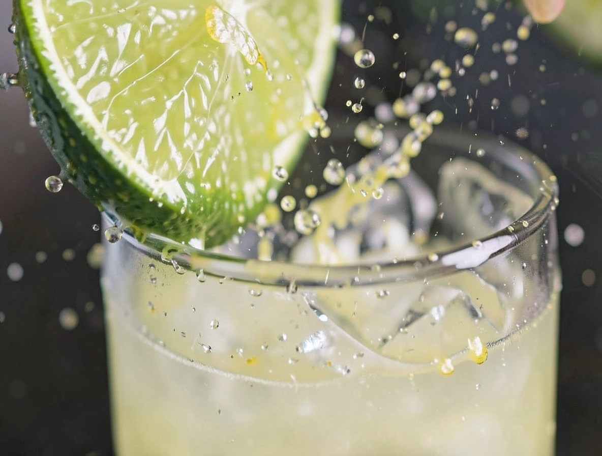 Fresh lime wedge squeezed over ice in a highball glass