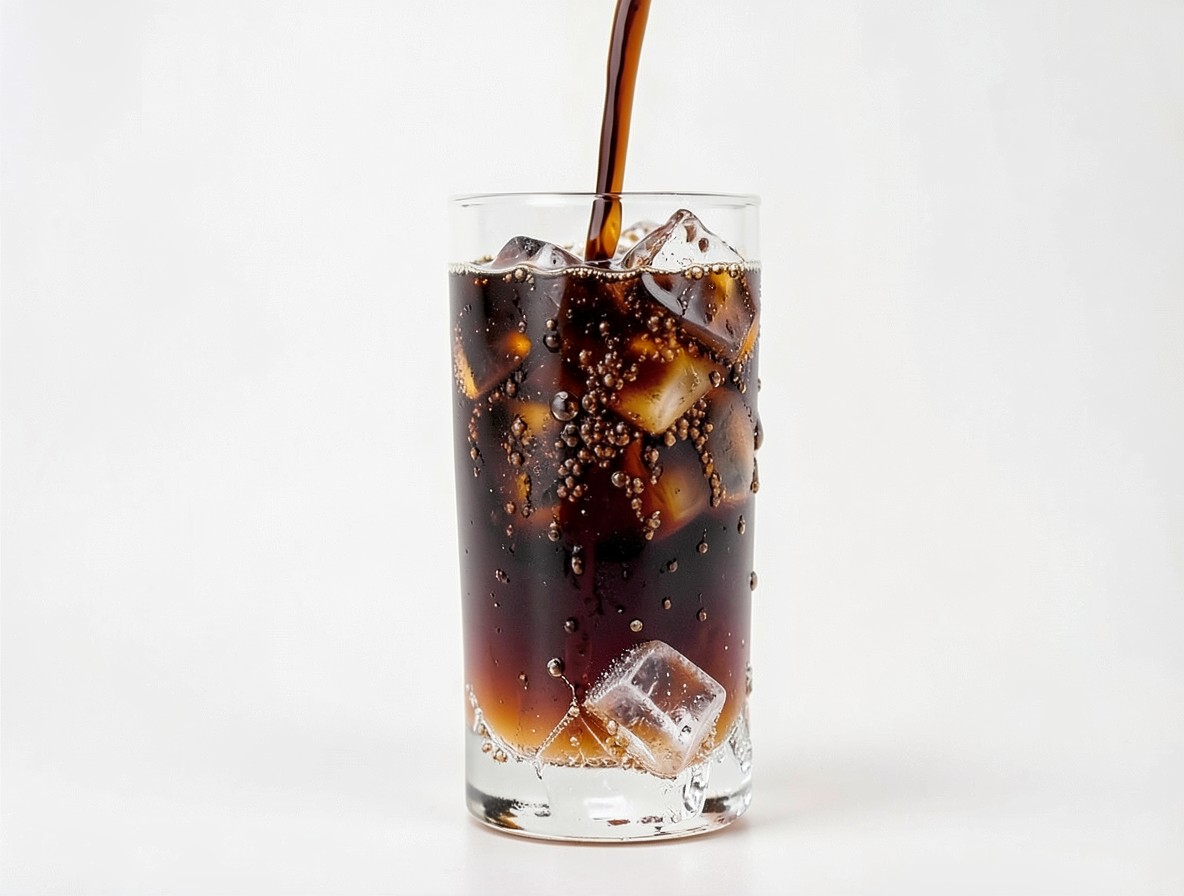 Cola pouring over cracked ice in a highball glass, carbonation bubbles rising