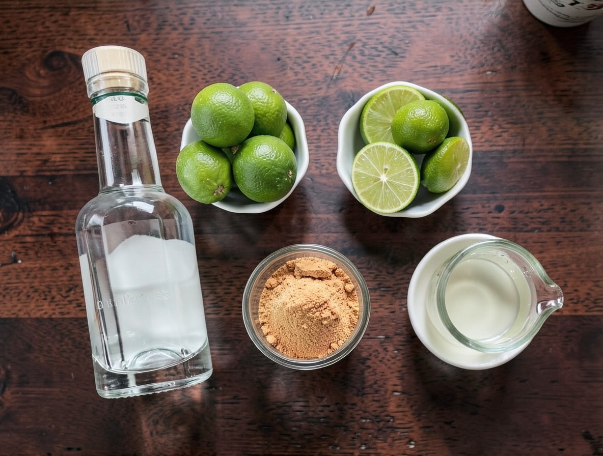 Daiquiri ingredients flat lay: rum, limes, Demerara sugar, and syrup
