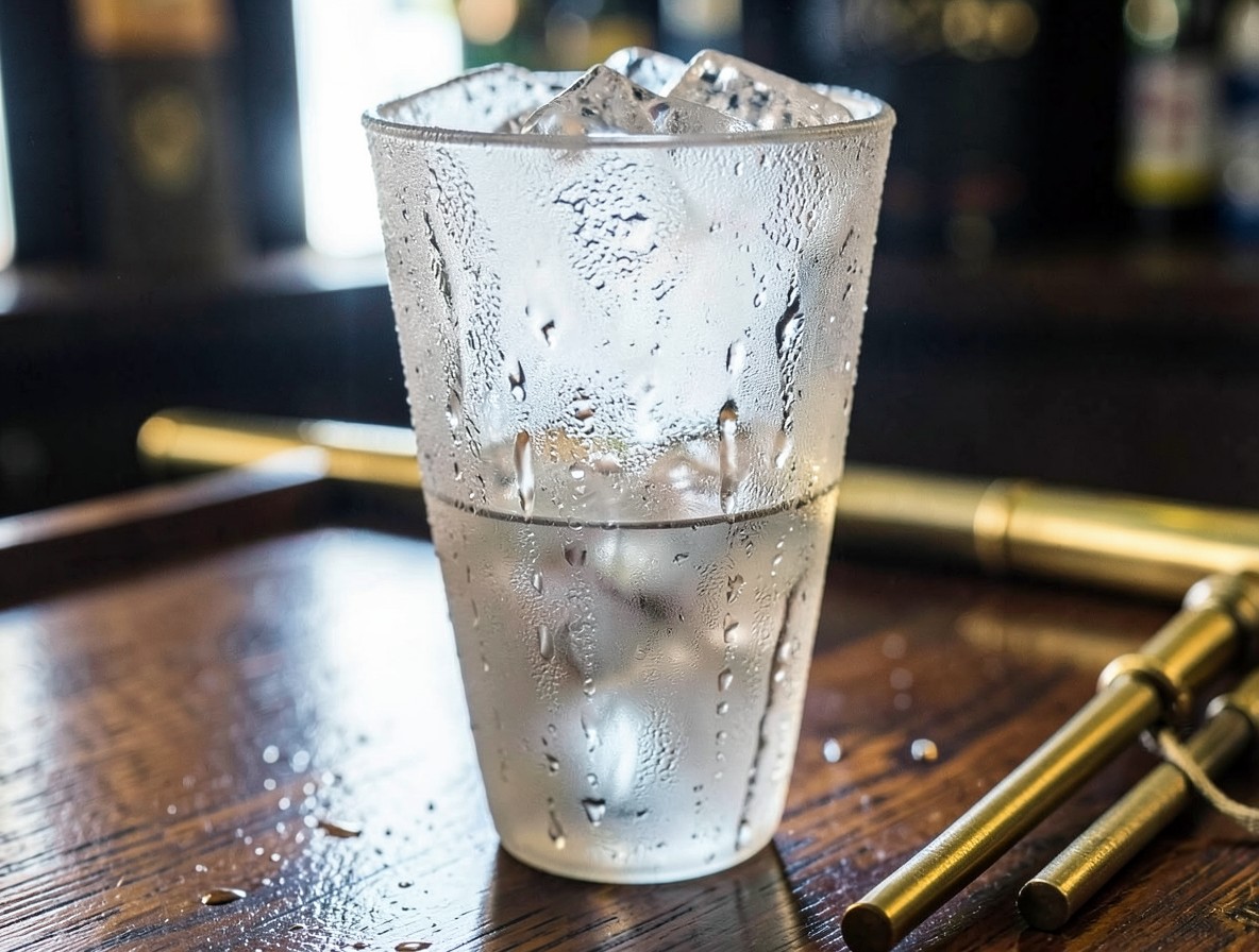 Frosted cocktail shaker covered in condensation after a hard shake