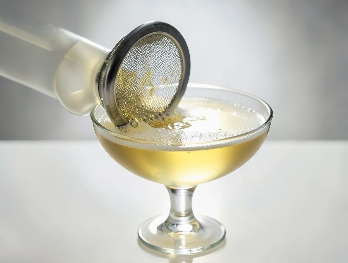 Straining a daiquiri through a fine mesh strainer into a coupe glass