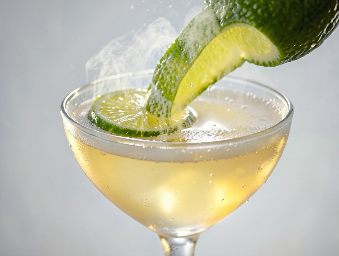 Expressing lime oil over the surface of a daiquiri in a coupe glass