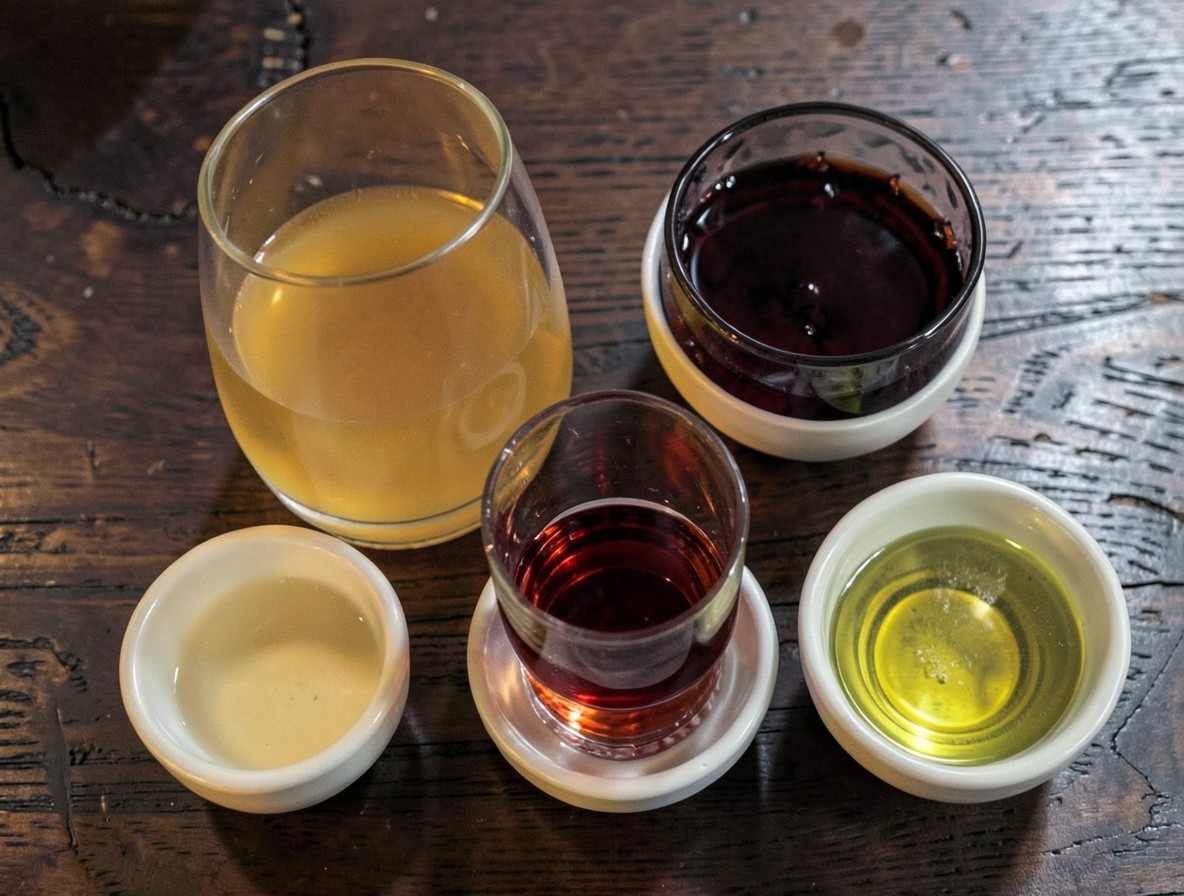 Overhead flat lay of Scotch, Cynar, and vermouth bianco for a Drunk Uncle cocktail.