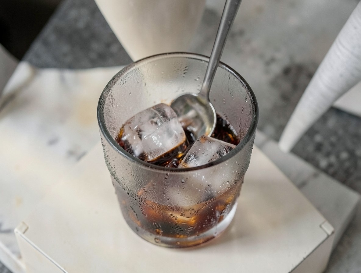 A bar spoon stirring amber liquid with ice in a frosted mixing glass for a Drunk Uncle.