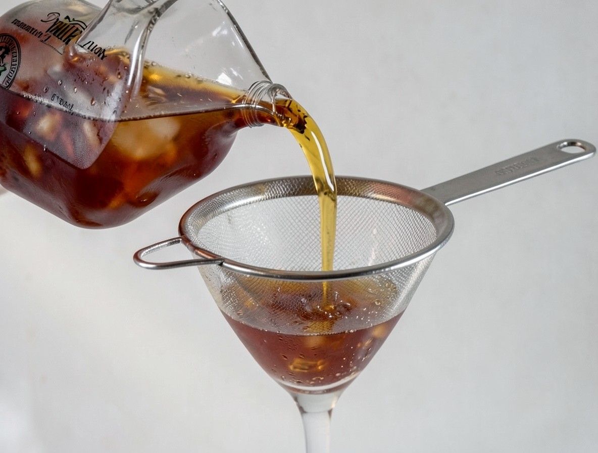 Pouring a clear amber cocktail through a fine strainer into a martini glass.