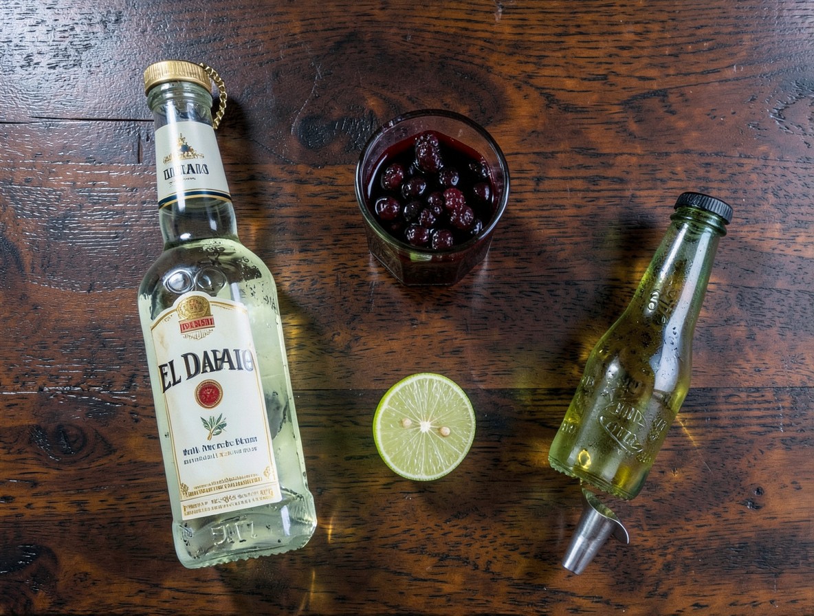 Ingredients for the El Diablo cocktail laid out on dark wood