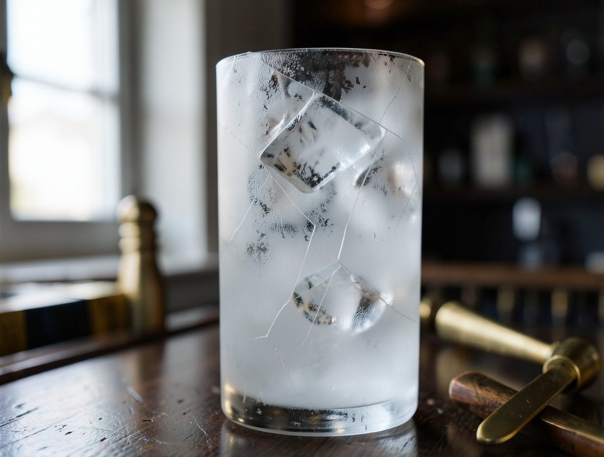 Collins glass chilling with cracked ice on a dark wood bar
