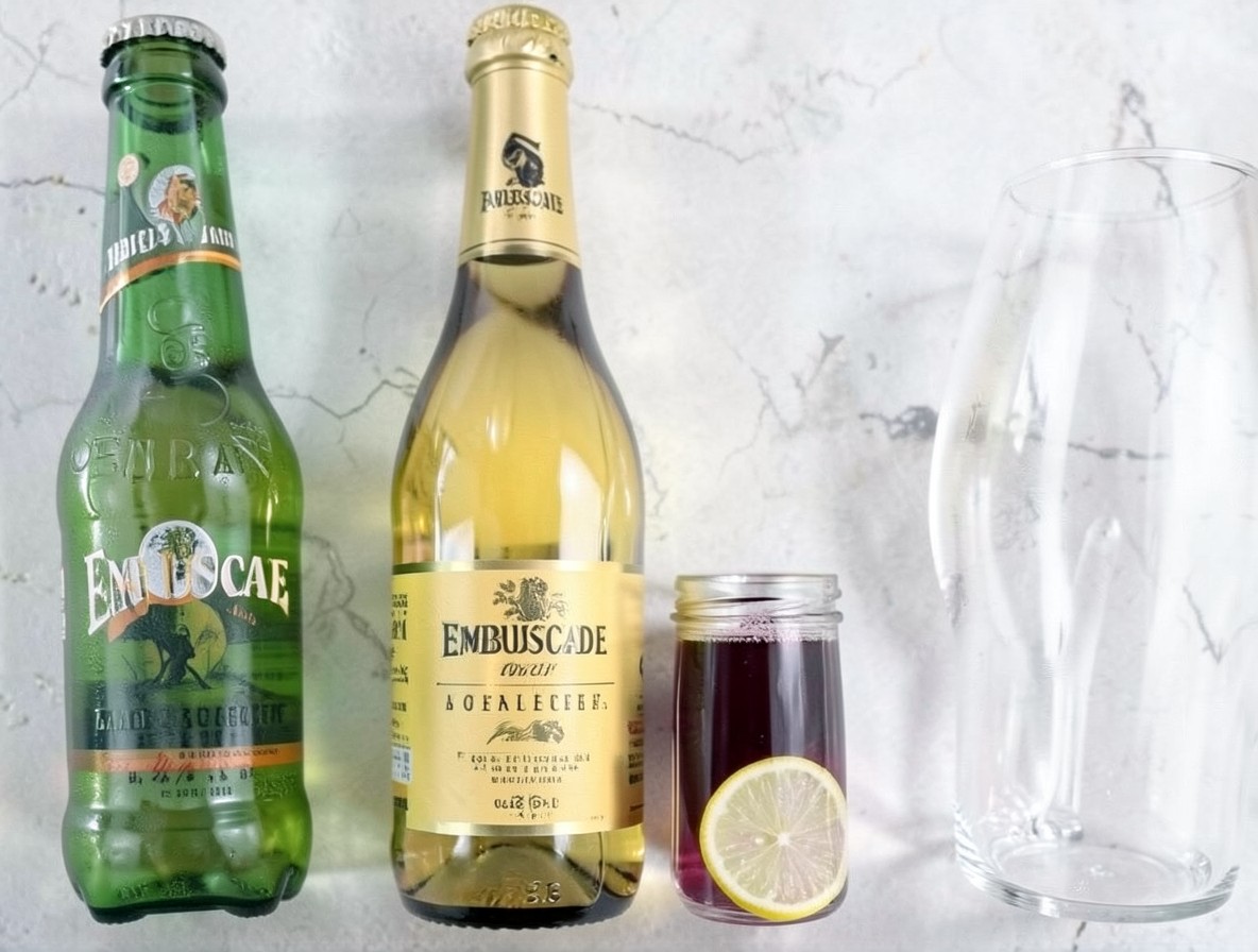 Ingredients for the Embuscade cocktail arranged on dark wood