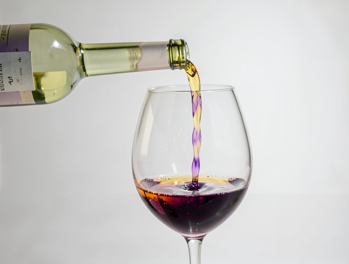 Pouring white wine into a glass over Calvados and blackcurrant syrup